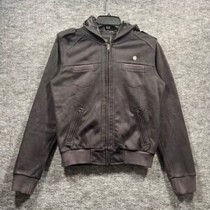 Obey Propaganda Womens Hooded Faux Leather Bomber Jacket Black Brown Size 8 M